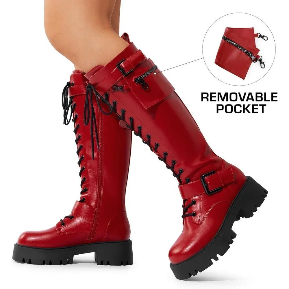 Women's Red DREAM PAIRS Combat Riding Platform Knee-High Boots Lace Up Gothic
